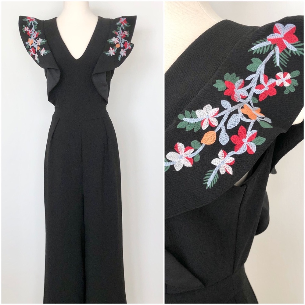 NWT Black Floral Embroidered Jumpsuit Jumper Romper NEW